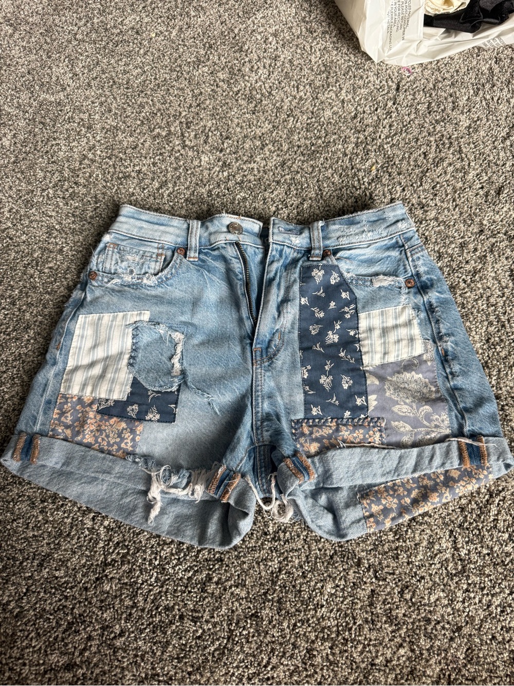 American Eagle Outfitters Light Blue Denim Patchwork Shorts with Navy Accents